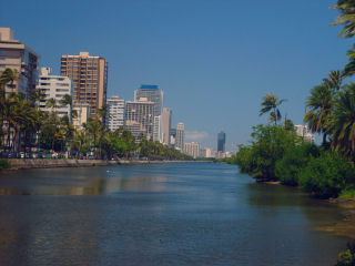 Ala Wai Canal and Waikiki Skyline, Honolulu, South Oahu, Hawaii